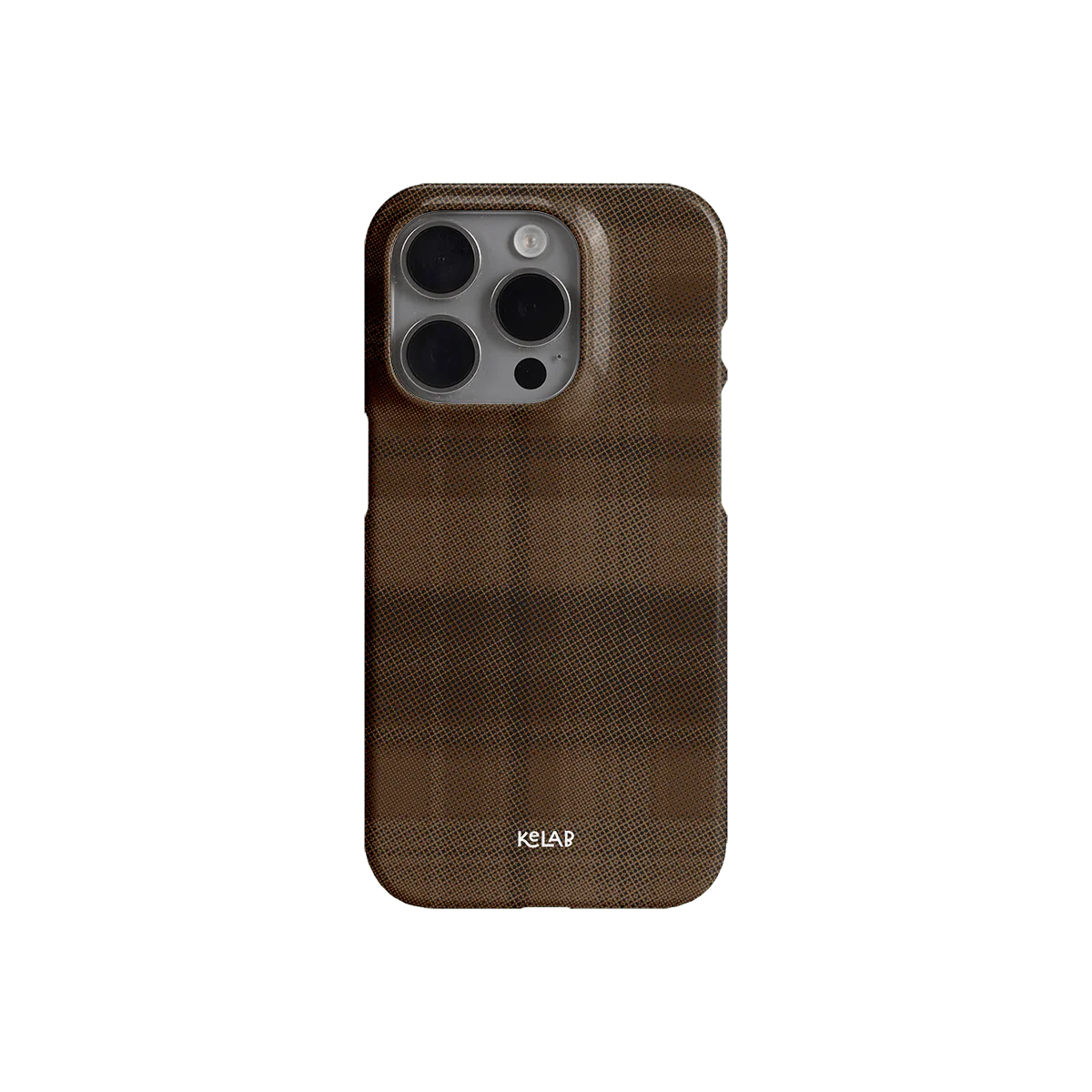 Back view of KELAB minimalist phone case in brown flannel with subtle plaid texture and precise camera cutout for iPhone.