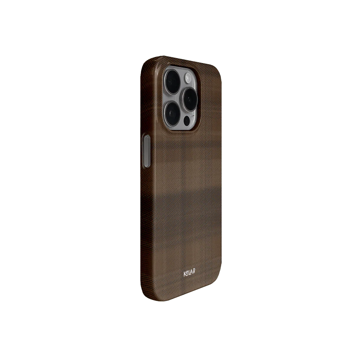 Angled view of KELAB brown flannel phone case showing slim fit, grid design, and side button accessibility for minimalist style.