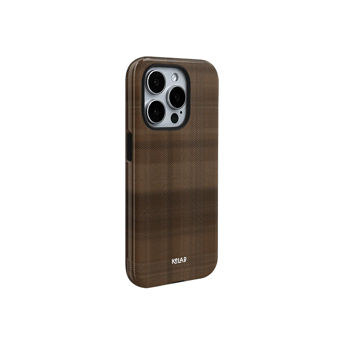 KELAB brown flannel minimalist phone case with muted tartan grid design and slim profile for modern smartphone protection.