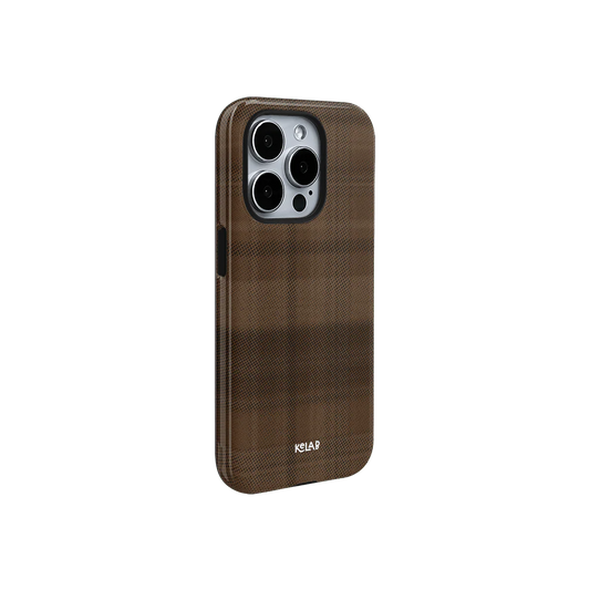 KELAB brown flannel minimalist phone case with muted tartan grid design and slim profile for modern smartphone protection.