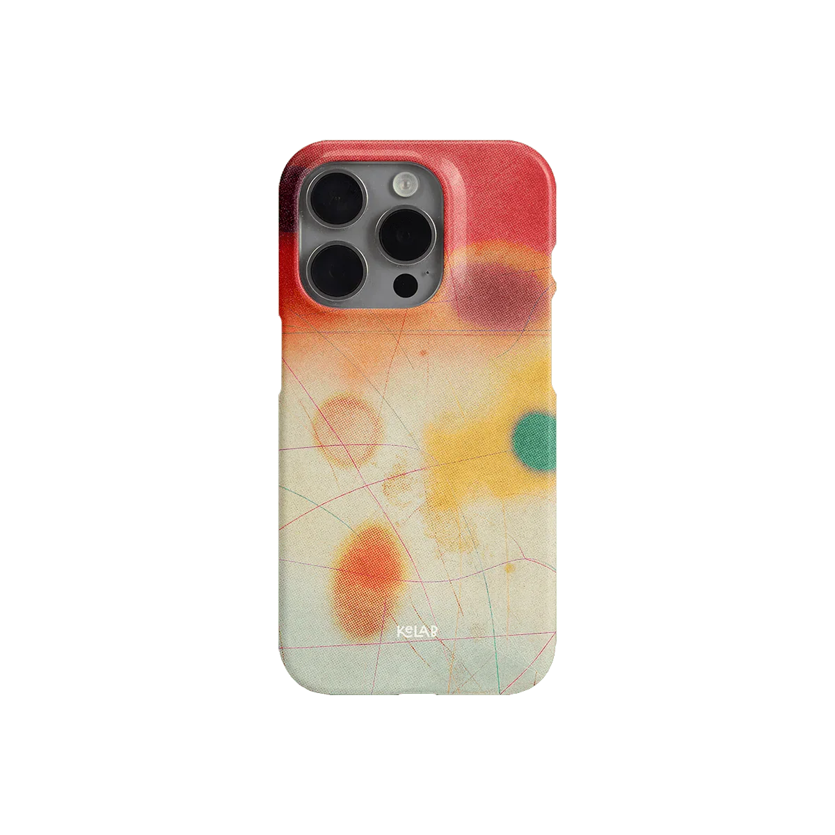 Back view of KELAB’s Climax Endorphins Series iPhone case in red and yellow abstract print, offering a bold, artistic look.