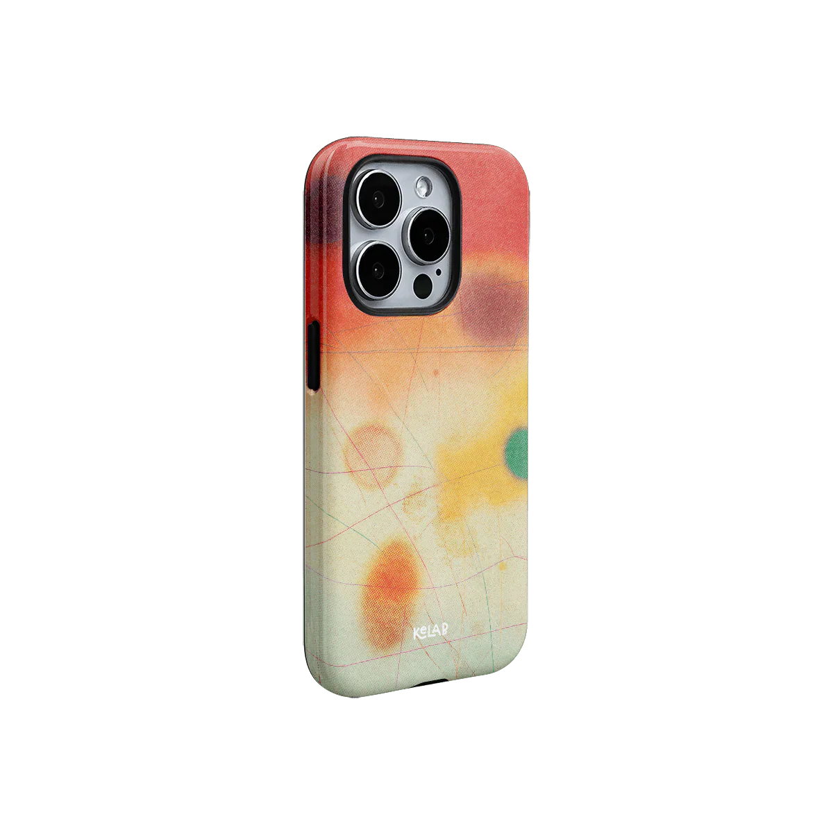 Designer-style iPhone case from KELAB featuring warm gradient tones and artistic abstract patterns for a statement look.