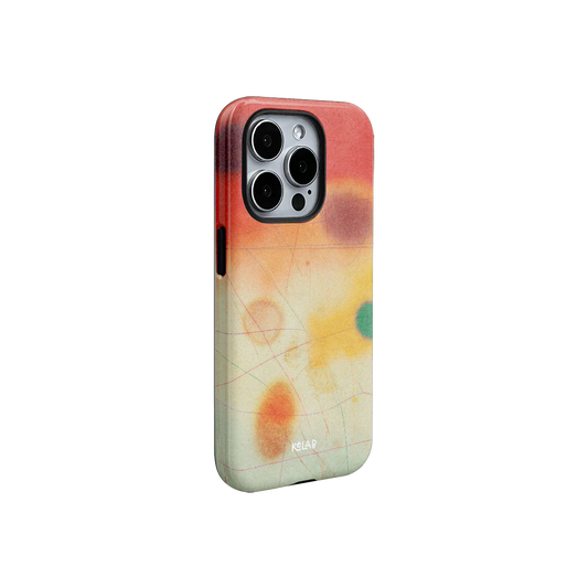 Designer-style iPhone case from KELAB featuring warm gradient tones and artistic abstract patterns for a statement look.