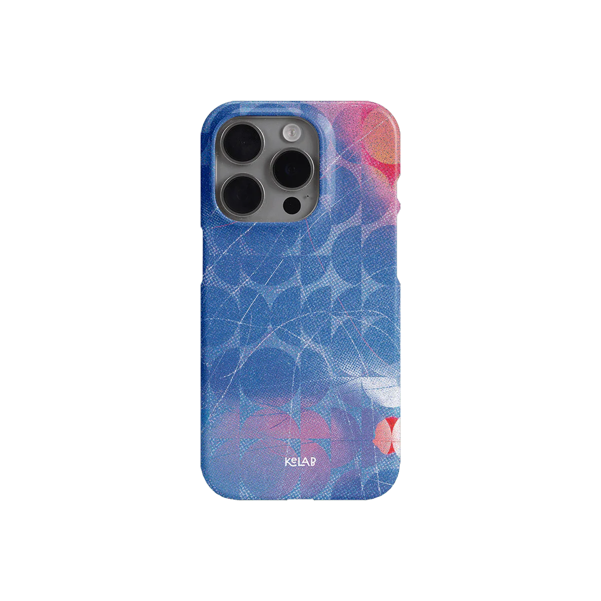 Flat view of KELAB Cool Splash iPhone case with retro geometric pattern in blue and pink, ideal for summer collections and 90s revival.