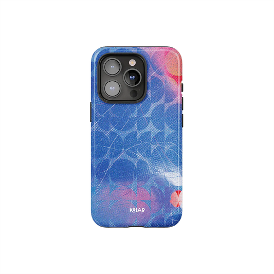 Retro Pattern iPhone Case – Summer Blue Style by KELAB with abstract geometric design in aqua and pink tones, perfect for 90s-inspired looks.