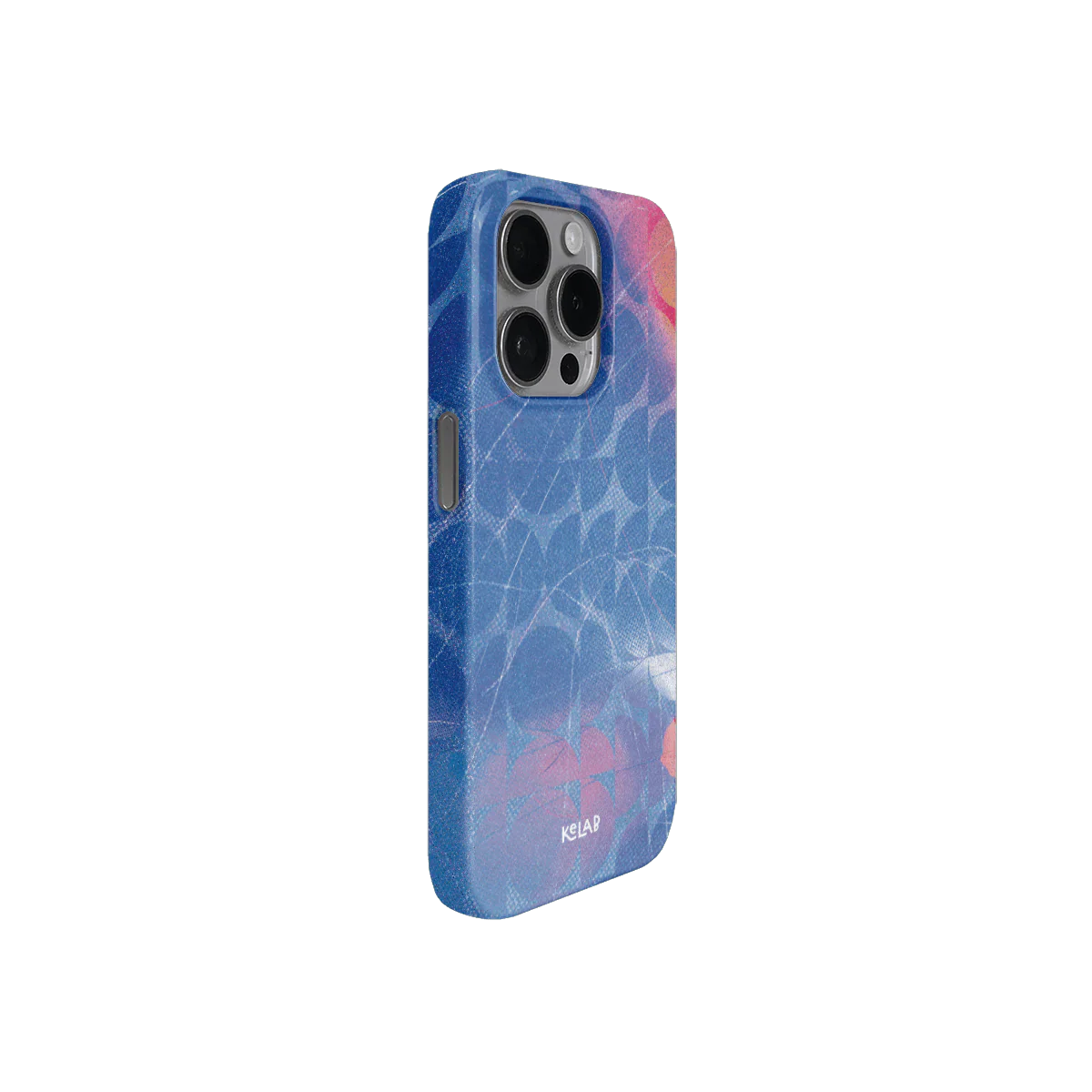 Angled view of KELAB Retro Pattern iPhone Case in glossy aqua blue with abstract design, perfect for stylish and protective phone accessorizing.