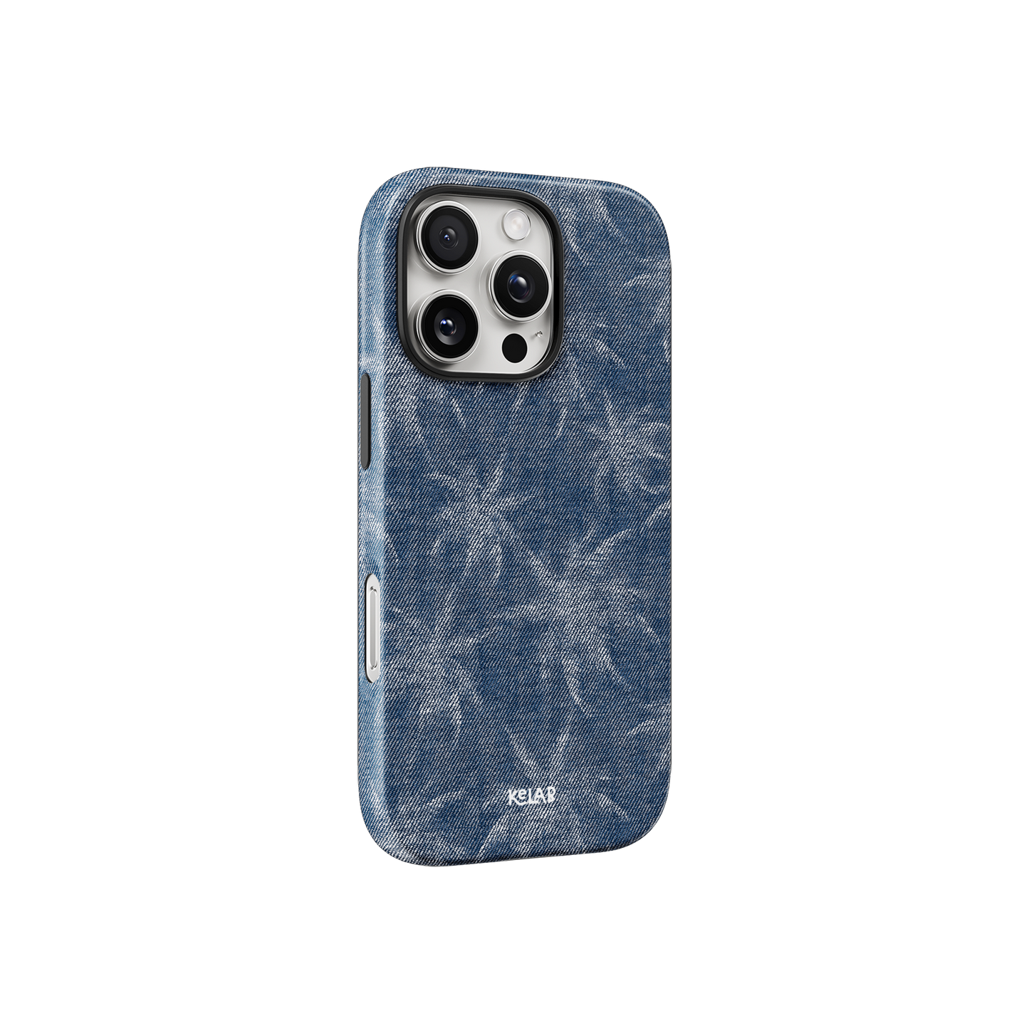 KELAB Denim Tree phone case with denim blue texture and white botanical pattern, offering a trendy aesthetic for smartphone protection.