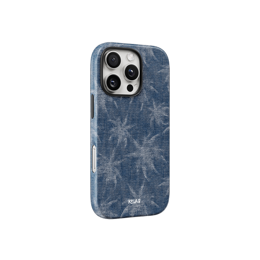 KELAB Denim Tree phone case with denim blue texture and white botanical pattern, offering a trendy aesthetic for smartphone protection.