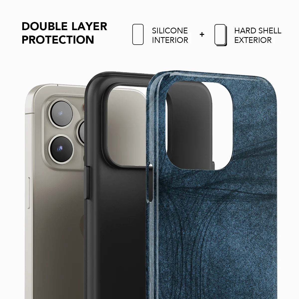 Exploded view of KELAB Denim Blue Patterned Phone Case showing dual-layer protection with silicone interior and hard shell exterior.