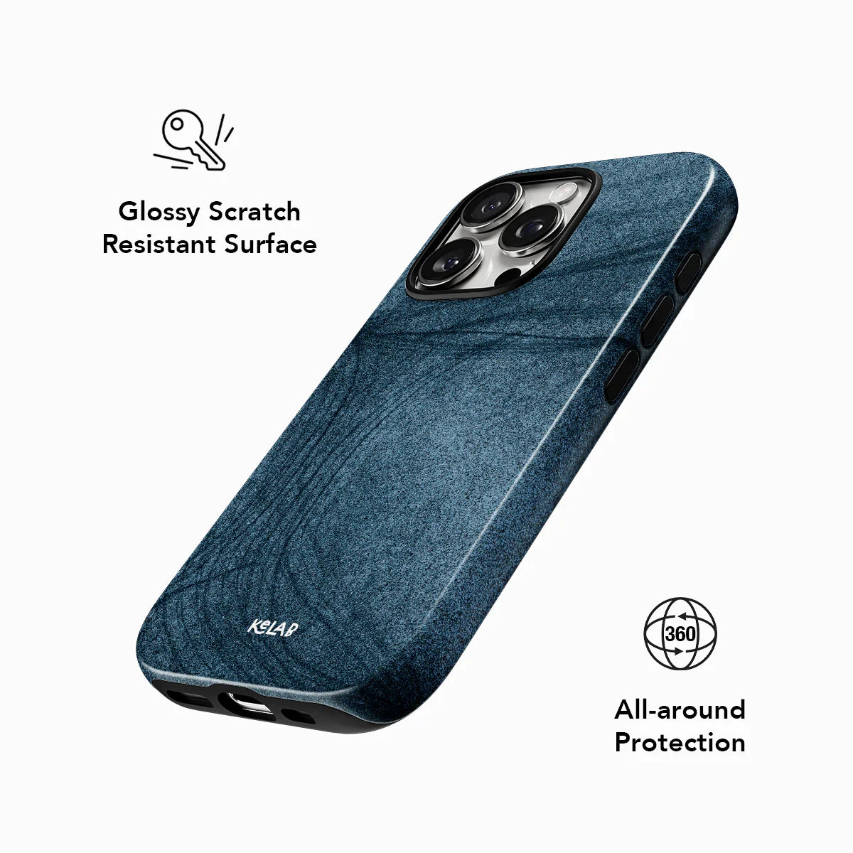 KELAB Denim Blue Patterned Phone Case with glossy scratch-resistant surface and 360° protection, blending fashion and function.