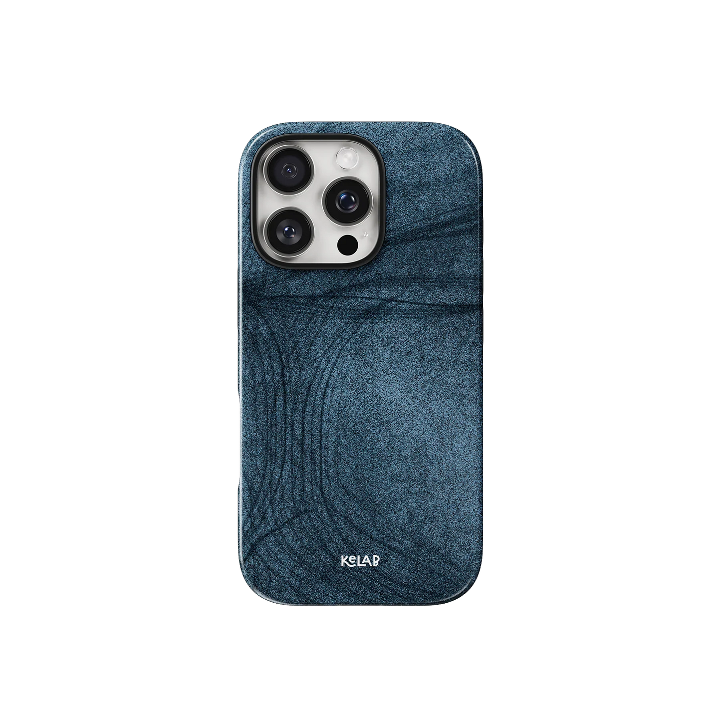 Denim Blue Patterned Phone Case inspired by Jeans by KELAB featuring a textured indigo design with camera cutout, ideal for stylish phone protection.