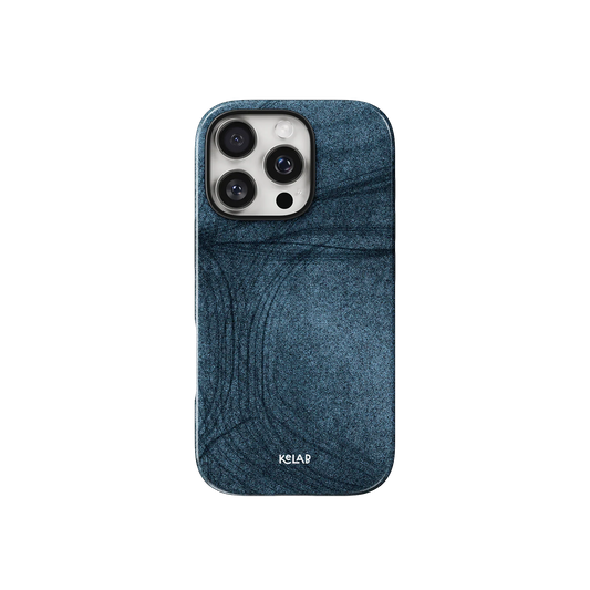 Denim Blue Patterned Phone Case inspired by Jeans by KELAB featuring a textured indigo design with camera cutout, ideal for stylish phone protection.
