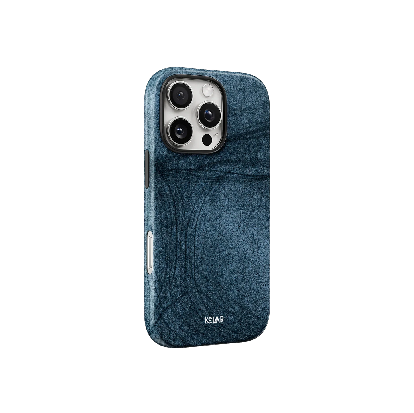 Side view of KELAB's Denim Blue Patterned Phone Case showing sleek fit and aesthetic blue jeans-inspired texture for modern smartphones.