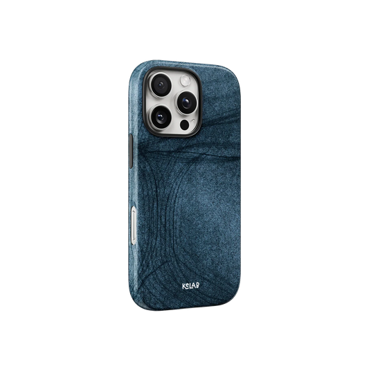 Side view of KELAB's Denim Blue Patterned Phone Case showing sleek fit and aesthetic blue jeans-inspired texture for modern smartphones.