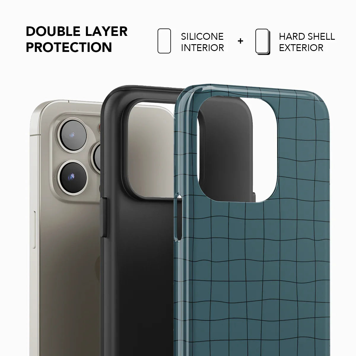 Double-layer phone case with silicone interior and hard shell exterior in muted cyan grid design for enhanced durability and style.