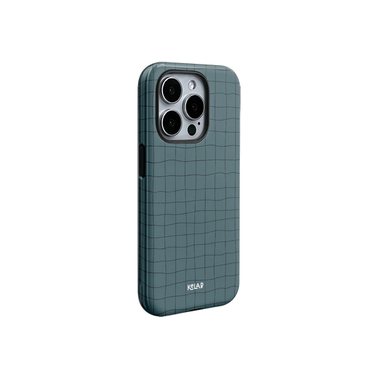 Subtle striped phone case in dark green with abstract hand-drawn grid pattern, designed for sleek protection and modern aesthetics.