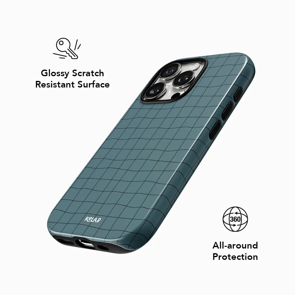 Glossy scratch-resistant phone case in dark green grid pattern by KELAB, offering 360° all-around protection for iPhones.