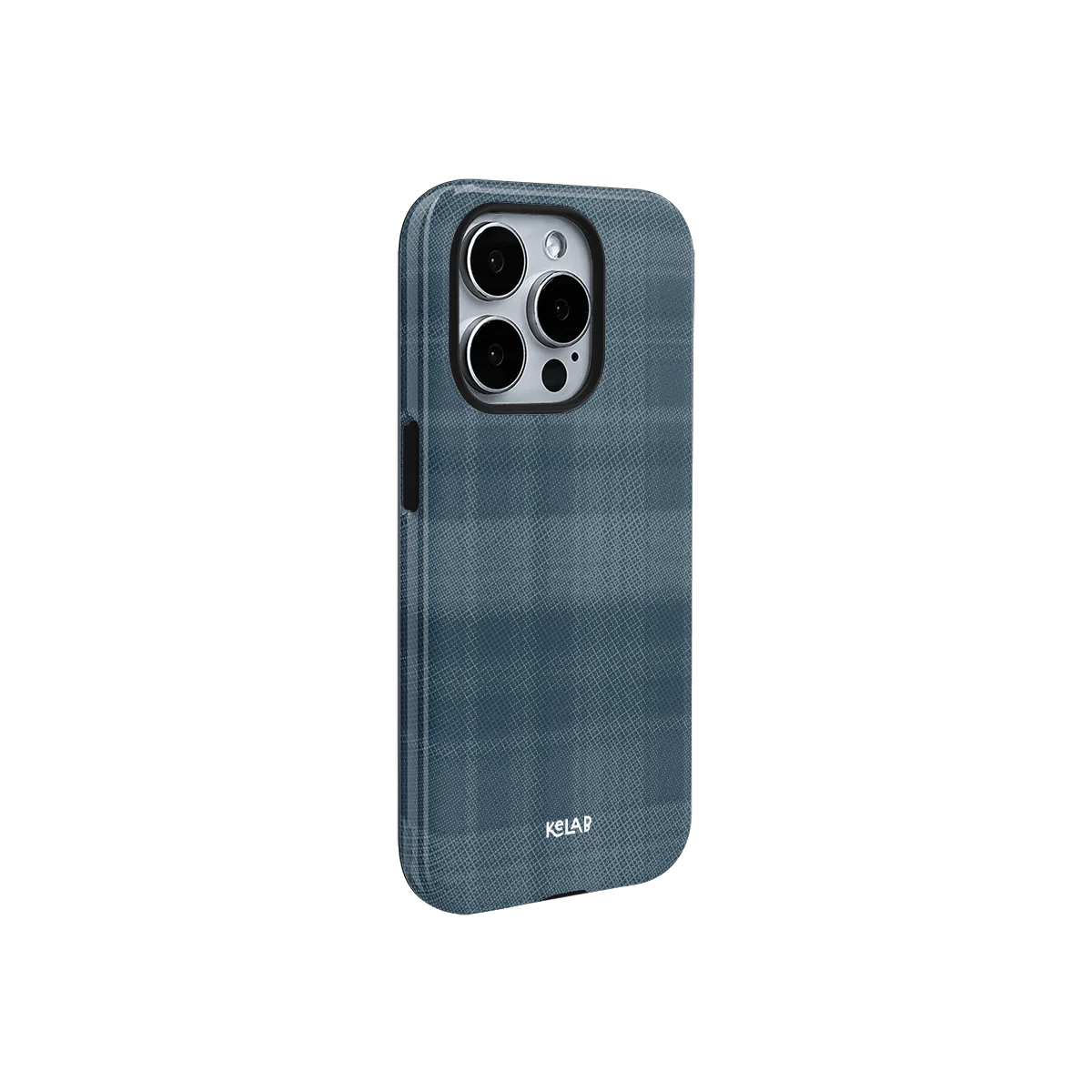 KELAB blue flannel minimalist iPhone case with cream grid design, offering a sleek plaid look and casual style for modern smartphones.