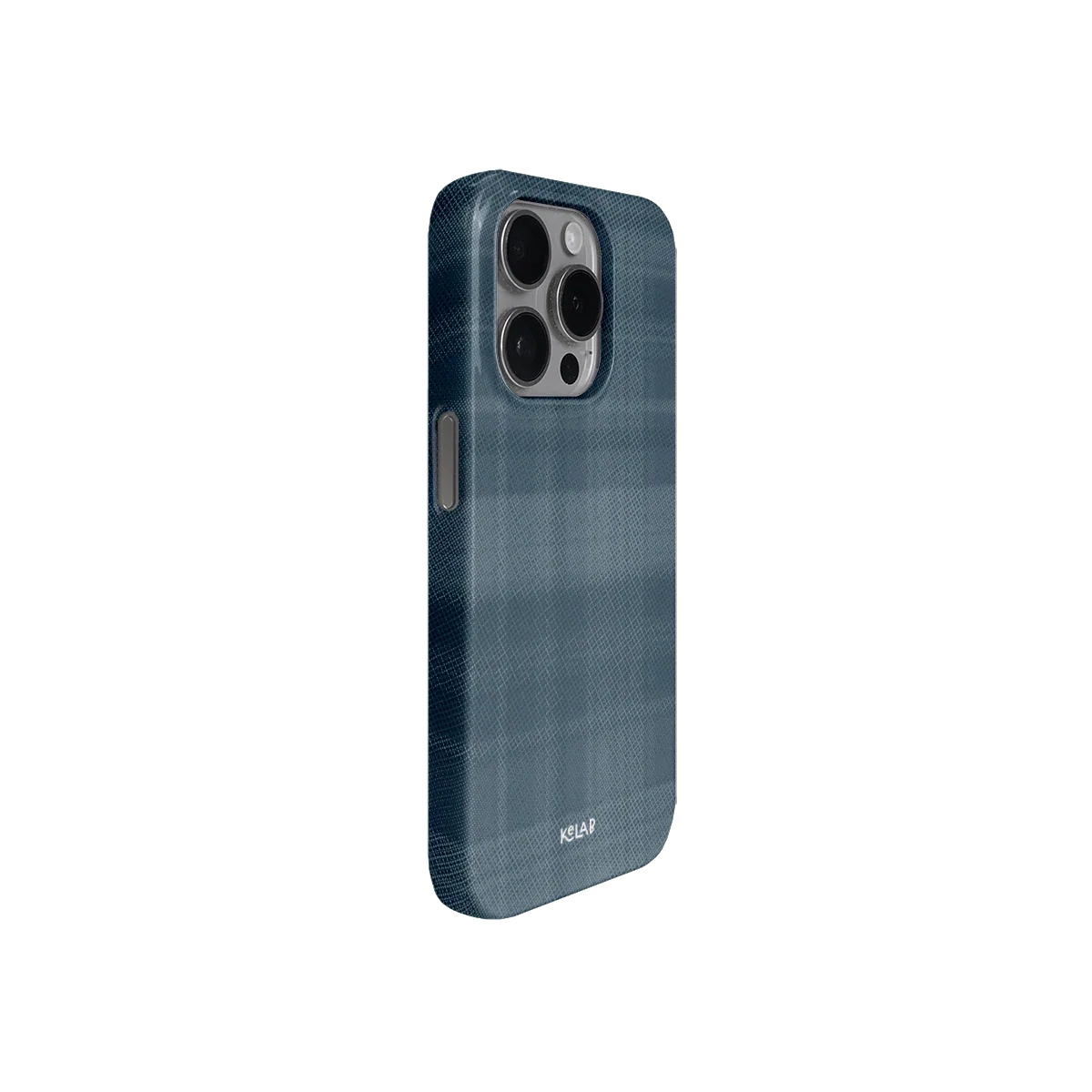 Angled view of KELAB blue flannel iPhone case with checkered design, combining minimalist style with protective mobile phone case features.