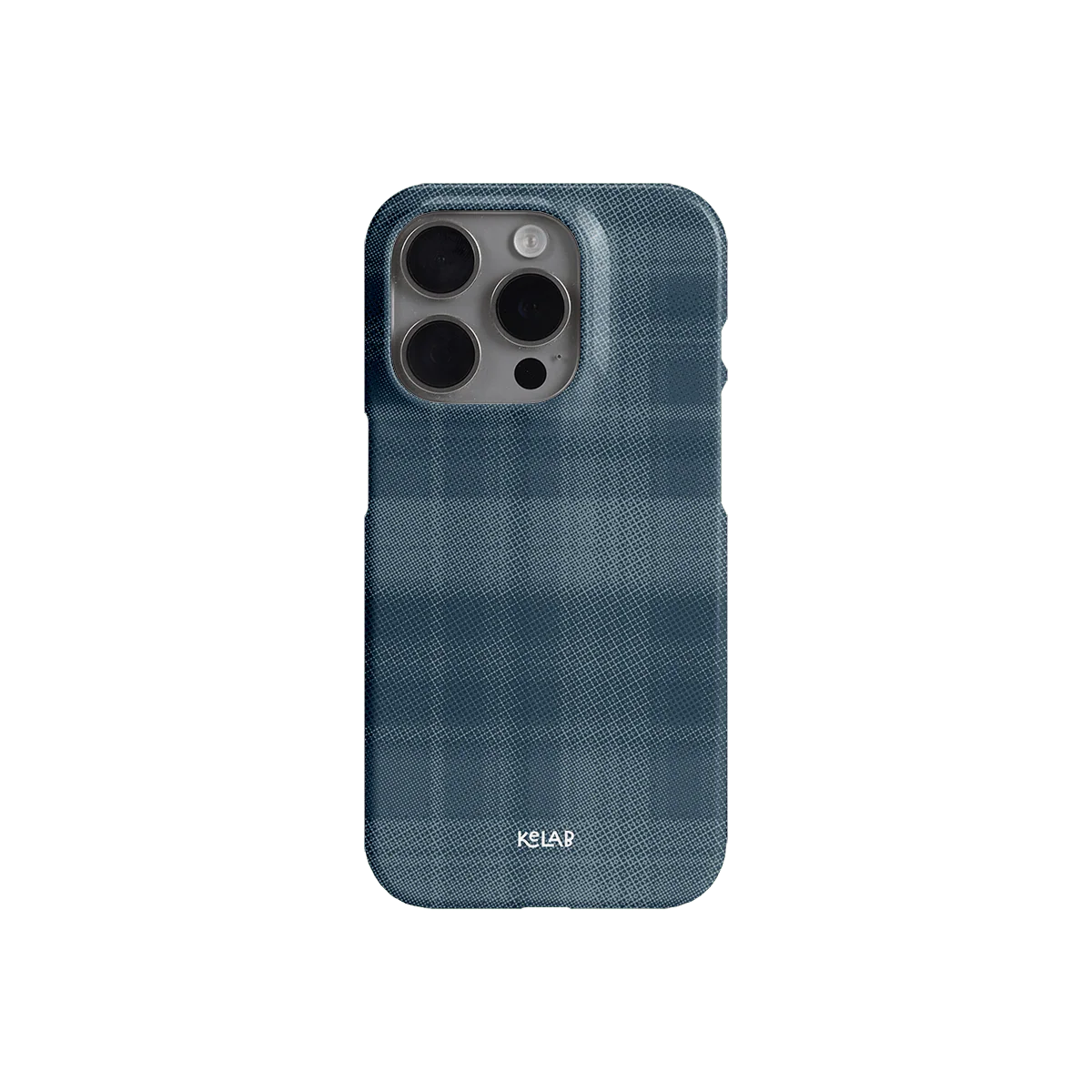Back view of KELAB minimalist iPhone case with muted tartan blue flannel pattern, offering a clean and stylish mobile accessory look.