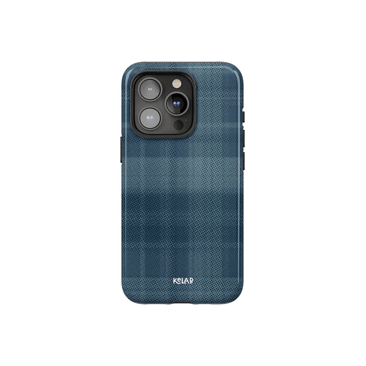 Minimalist iPhone case with blue flannel design by KELAB featuring a checkered pattern and subtle texture. Stylish and protective phone accessory.