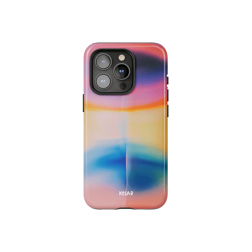 Colorful Aura iPhone Case – Aesthetic Cover by KELAB featuring dreamy pastel hues in lavender, pink, and blue with a glossy finish.