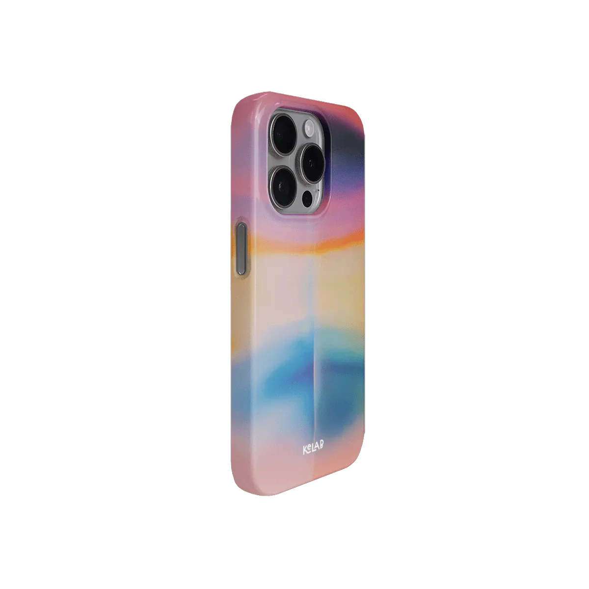 Angled view of the Euphoria Series iPhone Case by KELAB showcasing its pastel pink, lavender, and sky blue color blend.