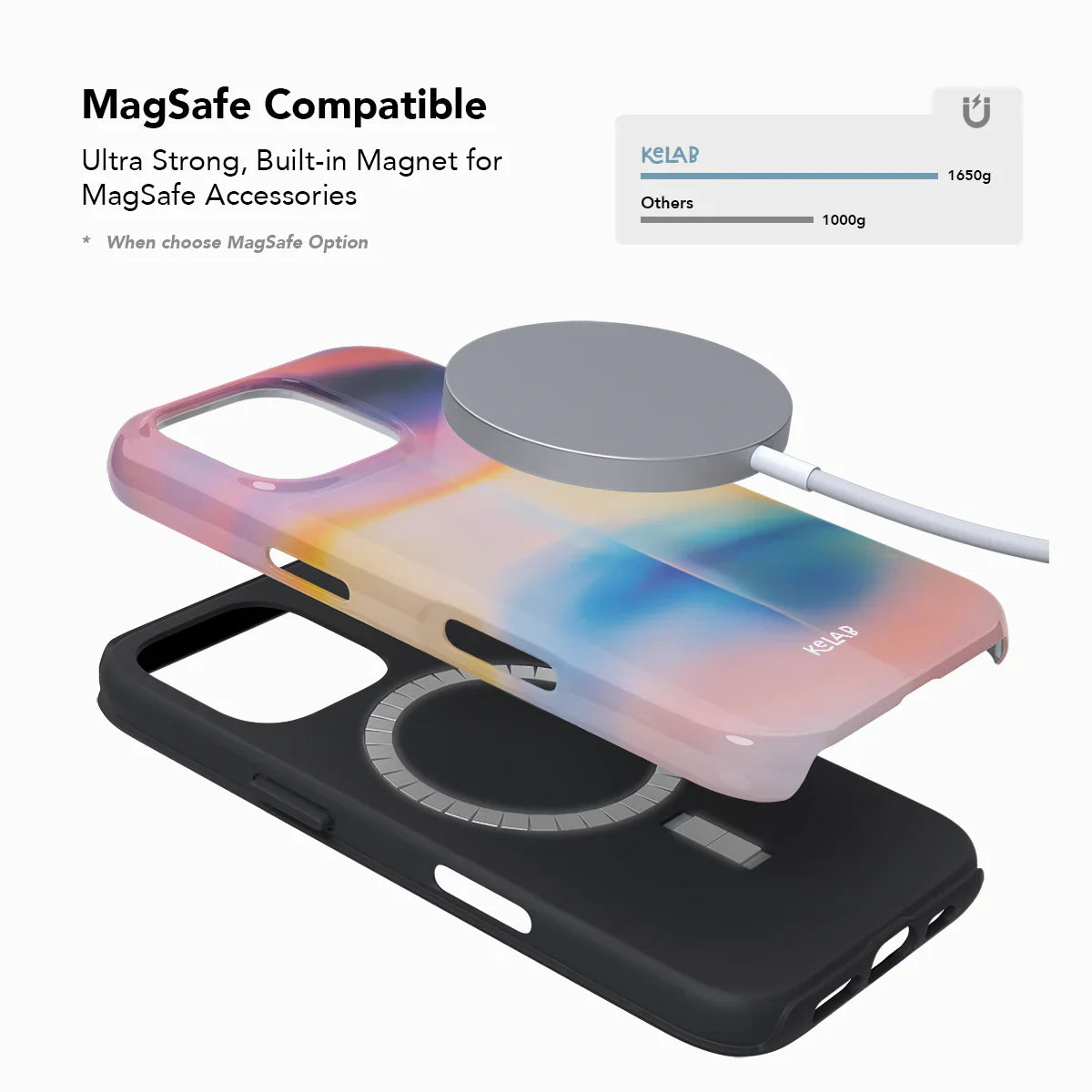 MagSafe compatible Dream Prism iPhone Case with built-in magnet and dual-layer design for secure accessory attachment by KELAB.