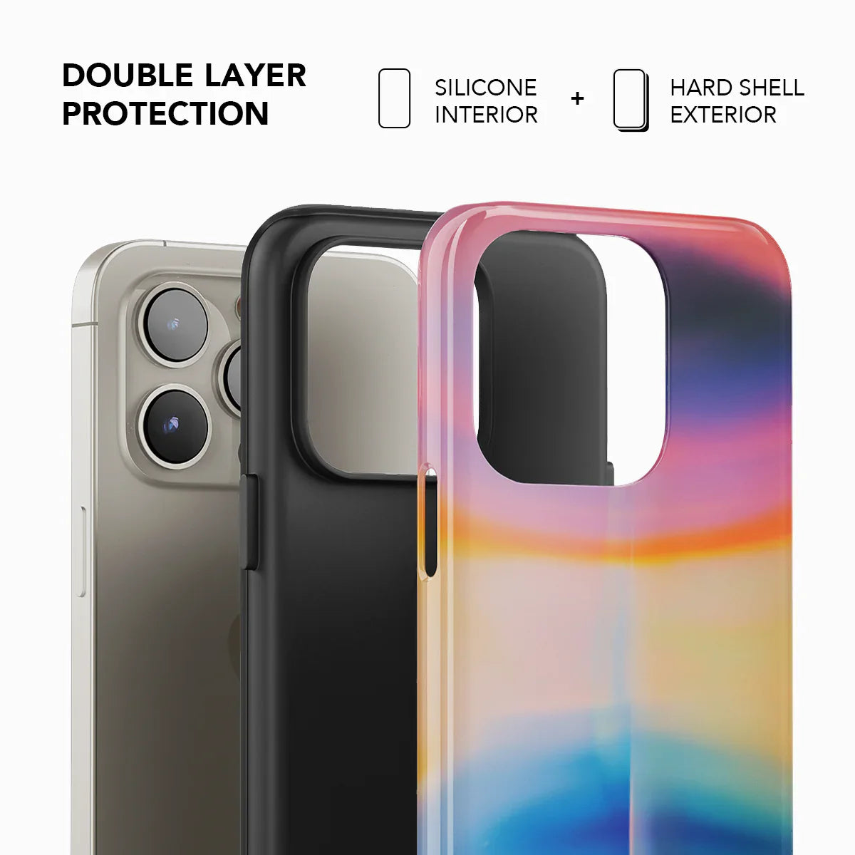 Double layer protection of KELAB's Colorful Aura iPhone Case showing silicone interior and hard shell exterior for durability.