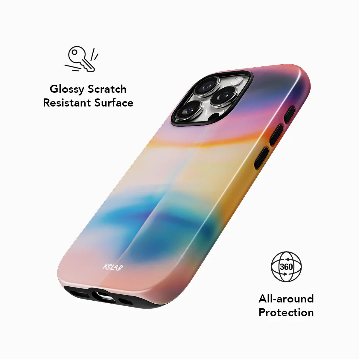 Glossy scratch-resistant Dream Prism iPhone Case with 360° all-around protection and vibrant pastel aesthetic by KELAB.