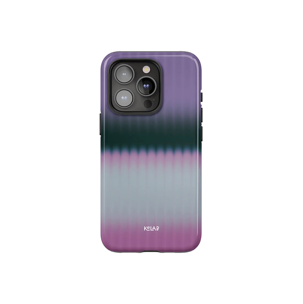 Minimalist pink phone case with bold gradient design in purple and green tones, featuring a glossy finish by KELAB.