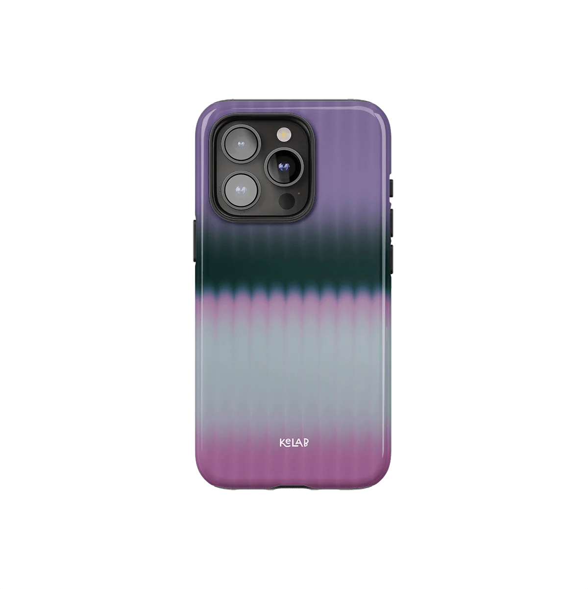 Minimalist pink phone case with bold gradient design in purple and green tones, featuring a glossy finish by KELAB.