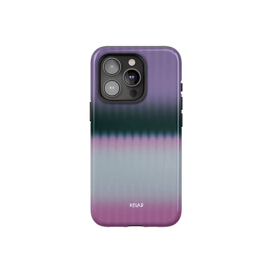 Minimalist pink phone case with bold gradient design in purple and green tones, featuring a glossy finish by KELAB.