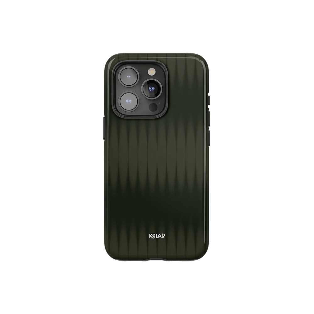 Forest Veil Olive Green Phone Case by KELAB with minimalist vertical texture, designed for modern smartphones with camera cutout.