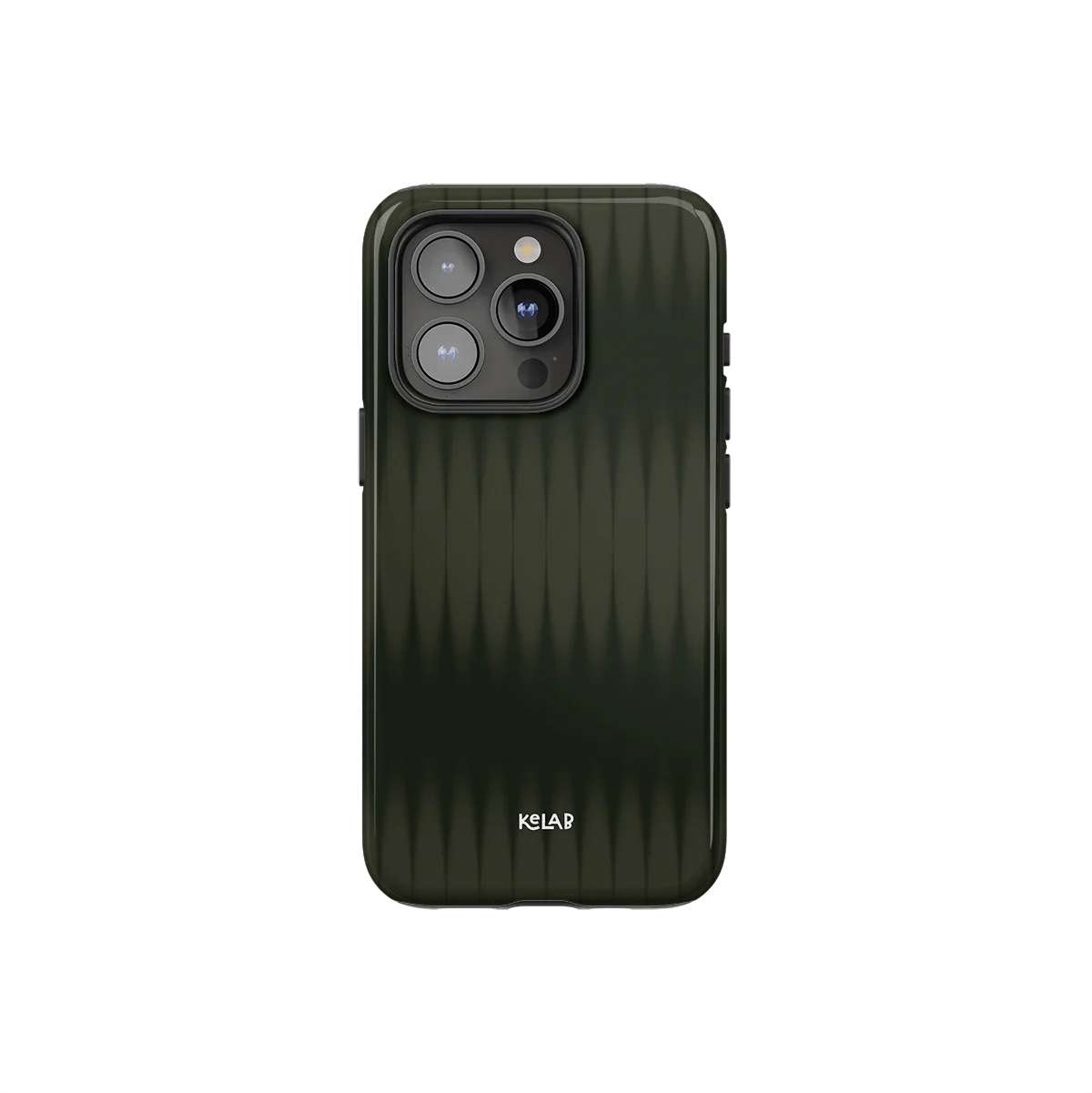 Forest Veil Olive Green Phone Case by KELAB with minimalist vertical texture, designed for modern smartphones with camera cutout.