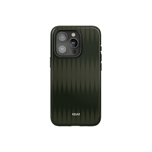 Forest Veil Olive Green Phone Case by KELAB with minimalist vertical texture, designed for modern smartphones with camera cutout.