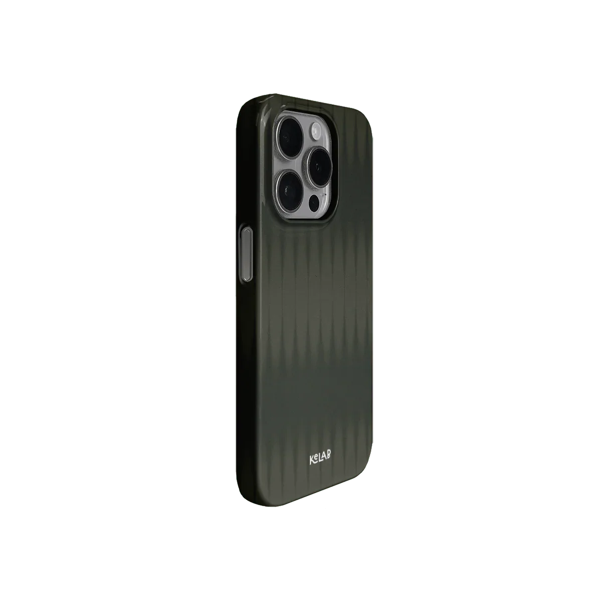 Angled view of KELAB Olive Green Phone Case highlighting calm aesthetic, glossy surface, and minimalist earthy tone design.