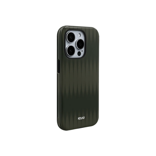 Side view of KELAB Forest Veil Olive Green Phone Case showing sleek glossy finish and minimalist design for premium phone protection.