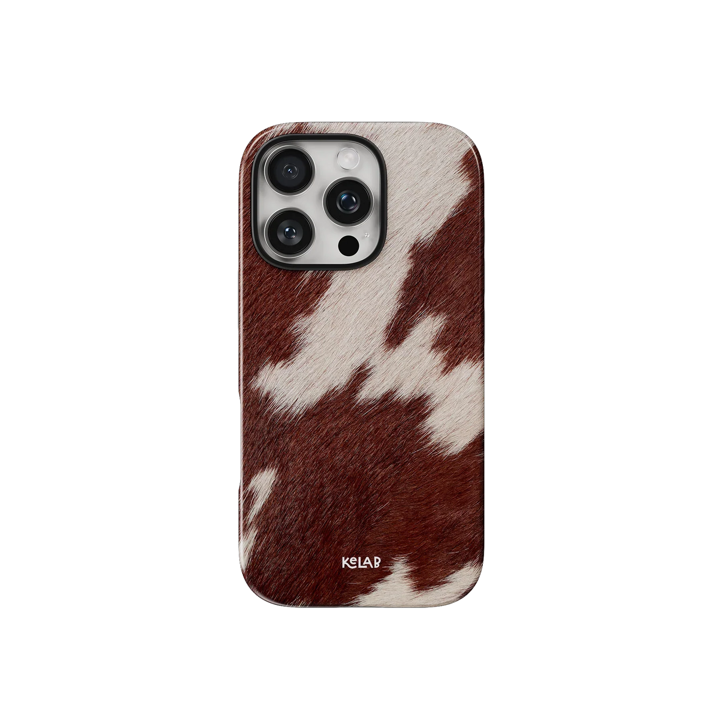 Cow Print Brown iPhone Case by KELAB featuring a brown and white western cowhide pattern with a slim, protective design for stylish phone protection.