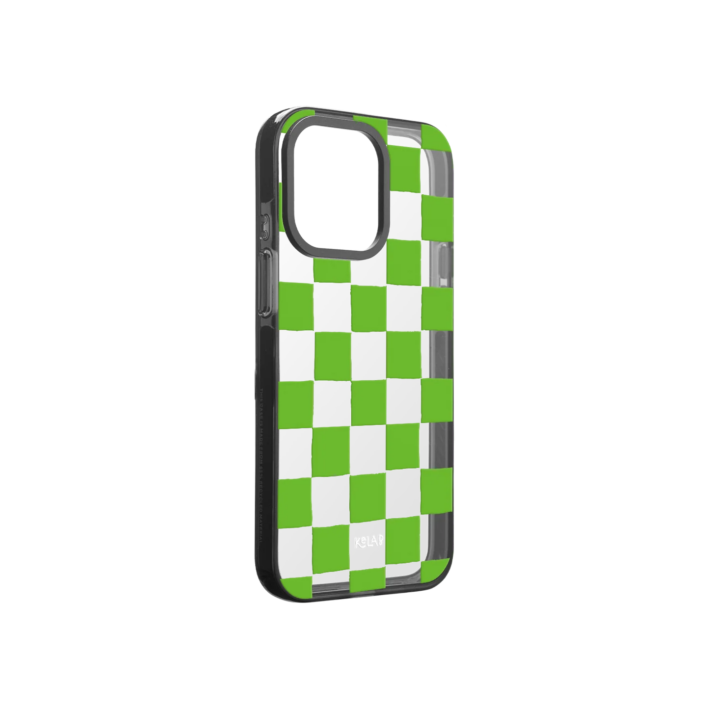 Checkered clear phone case with green pattern on a white background