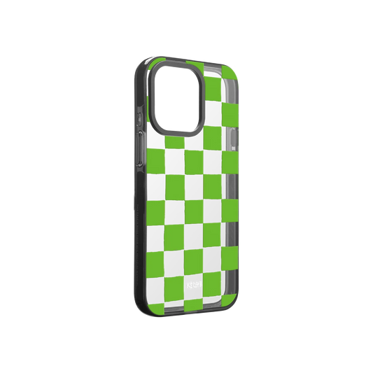 Checkered clear phone case with green pattern on a white background