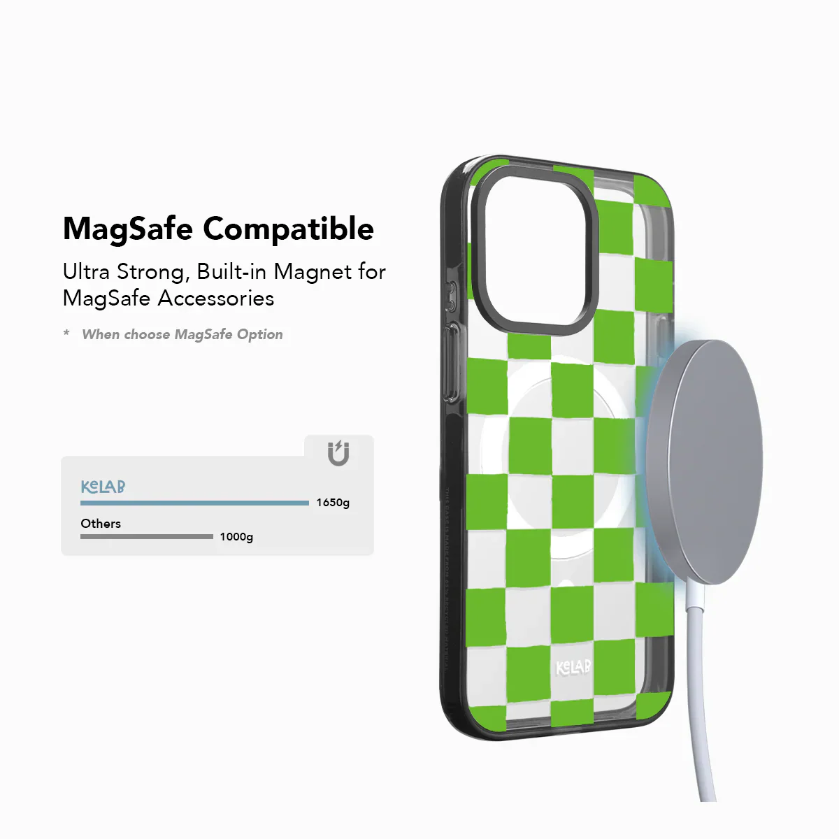 Green checkered phone case with MagSafe compatibility on a white background