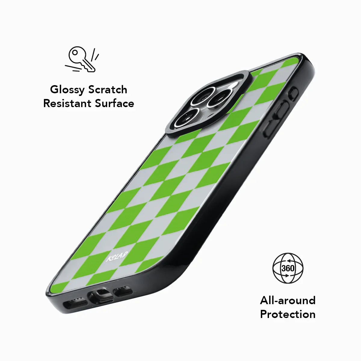 Phone case with green checkered pattern on a white background