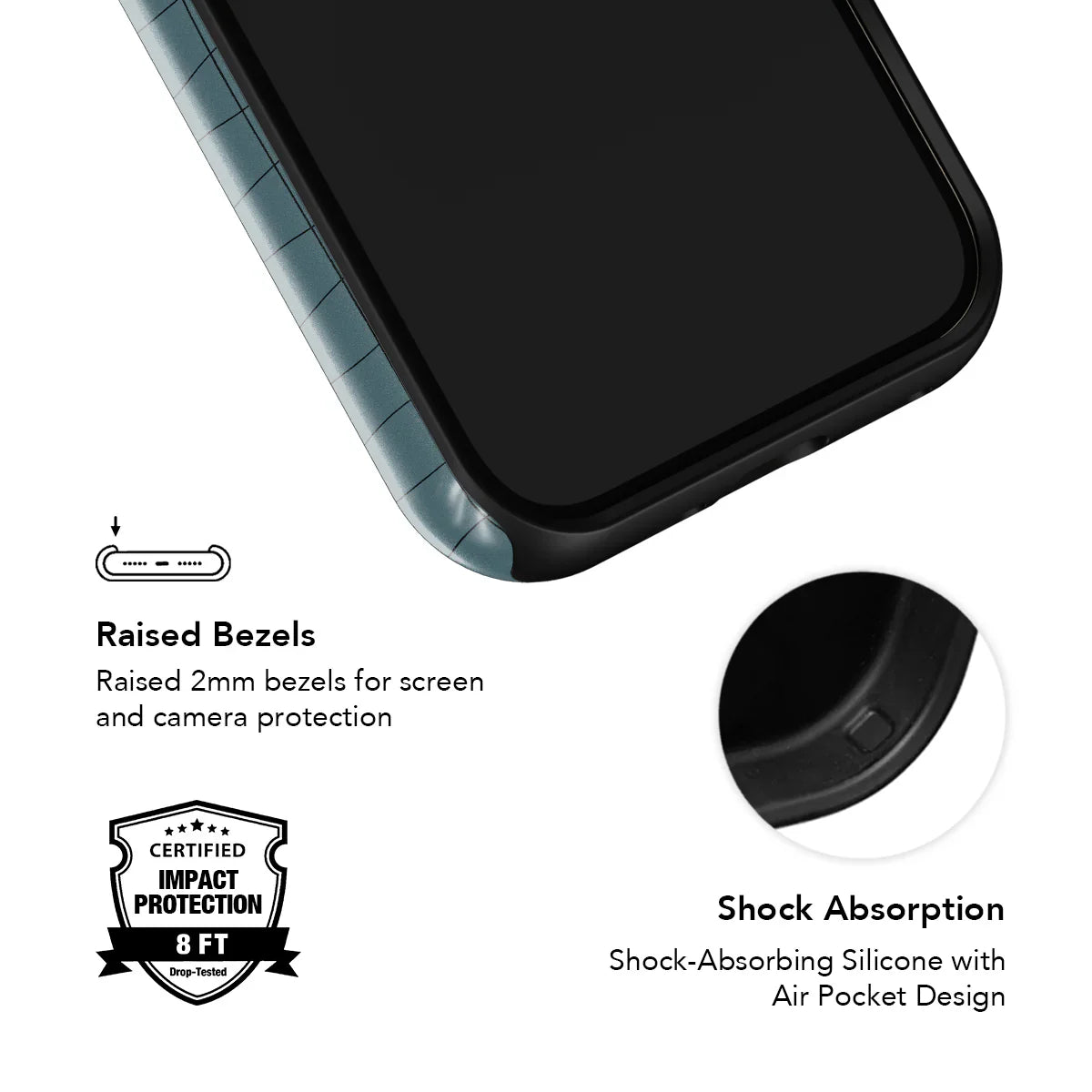 Shock-absorbing phone case with raised bezels and air pocket design for certified 8 ft drop protection in a minimalist cyan grid style.