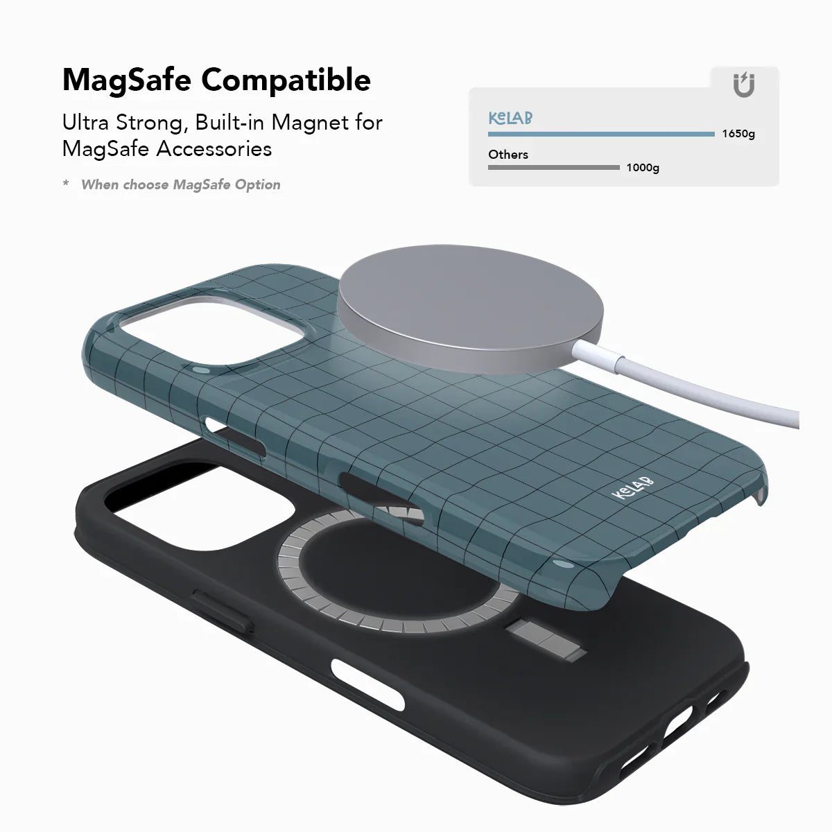 MagSafe compatible phone case with ultra-strong built-in magnet and modern muted cyan grid design for seamless accessory use.
