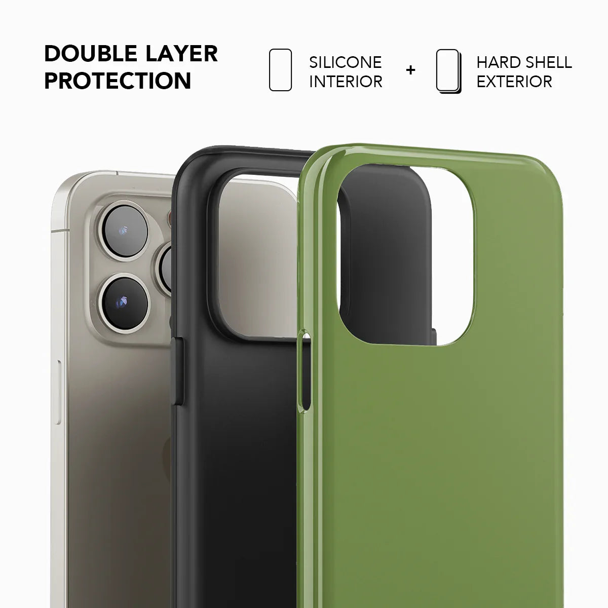 Double-layer green phone case with silicone interior and hard shell exterior by KELAB, designed for enhanced drop protection and durability.
