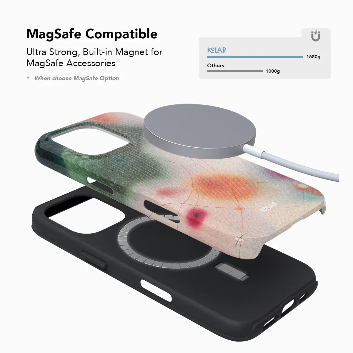 MagSafe compatible iPhone case with built-in magnet and vibrant green abstract design from KELAB's Endorphins Series.