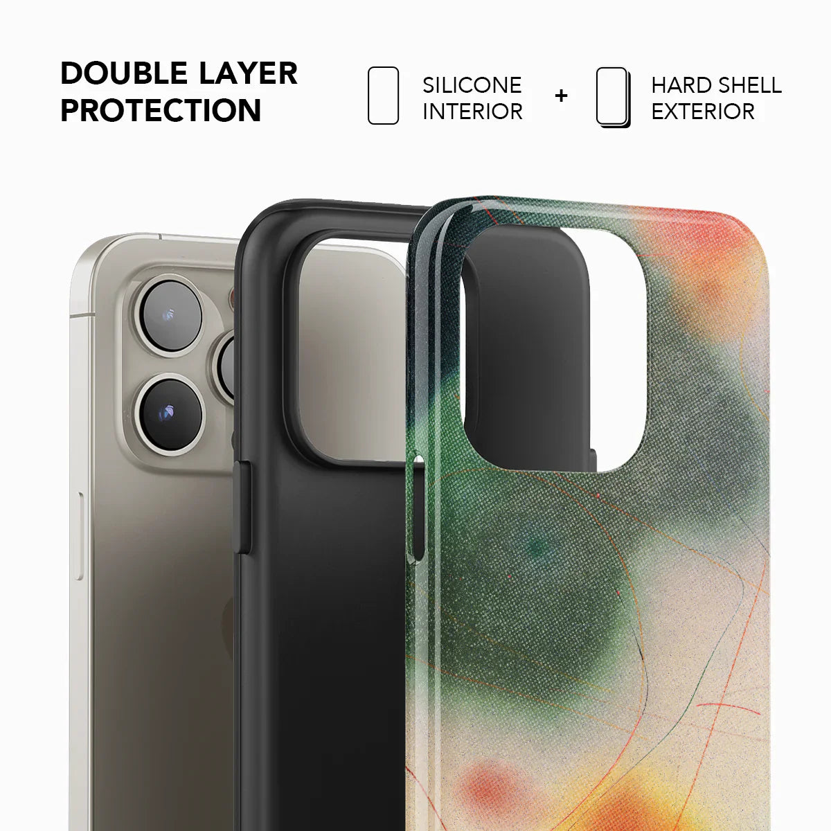 Double-layer protection iPhone case by KELAB with silicone interior and hard shell exterior, showcasing vibrant green and orange abstract design.