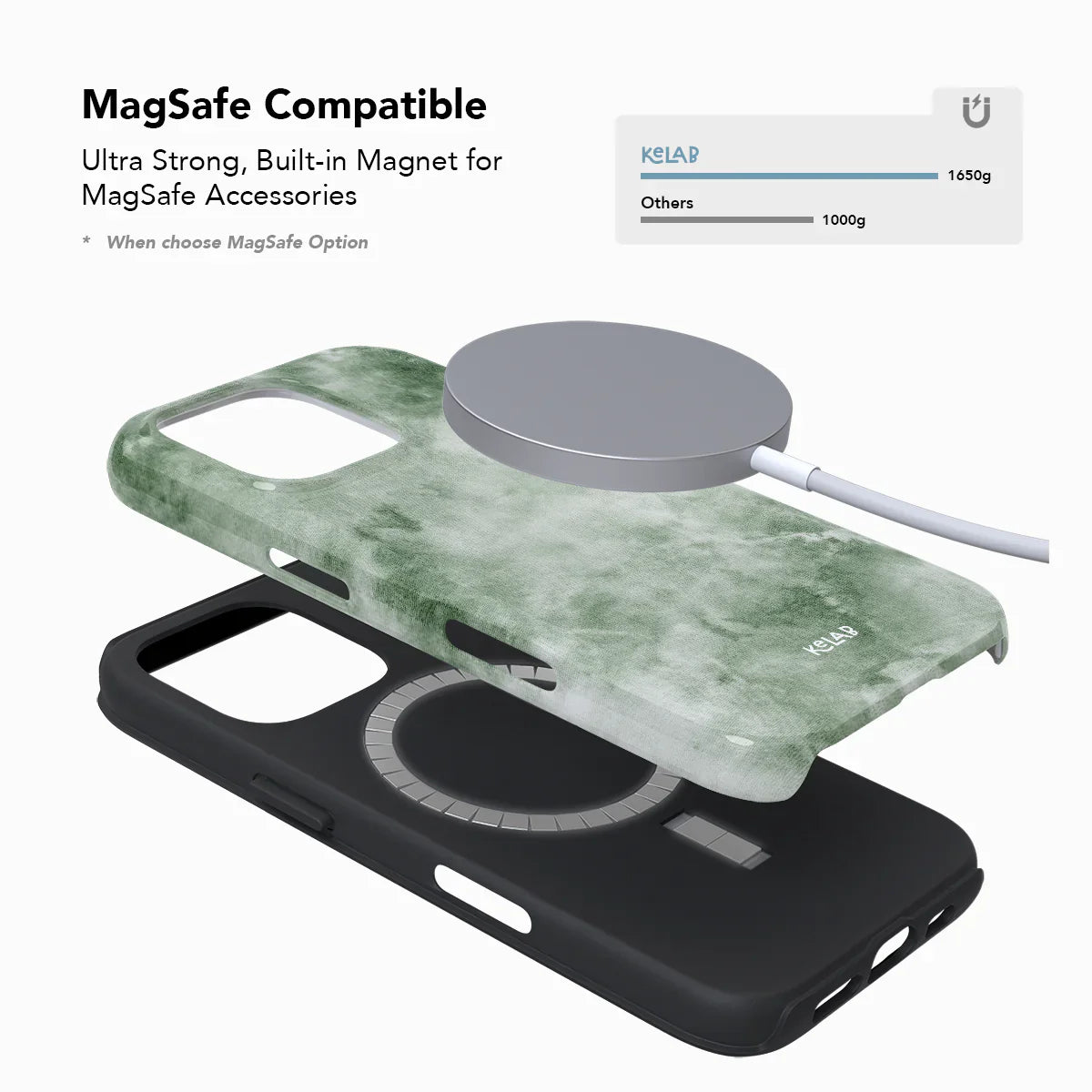 Phone case with built-in magnet for MagSafe accessories on a white background