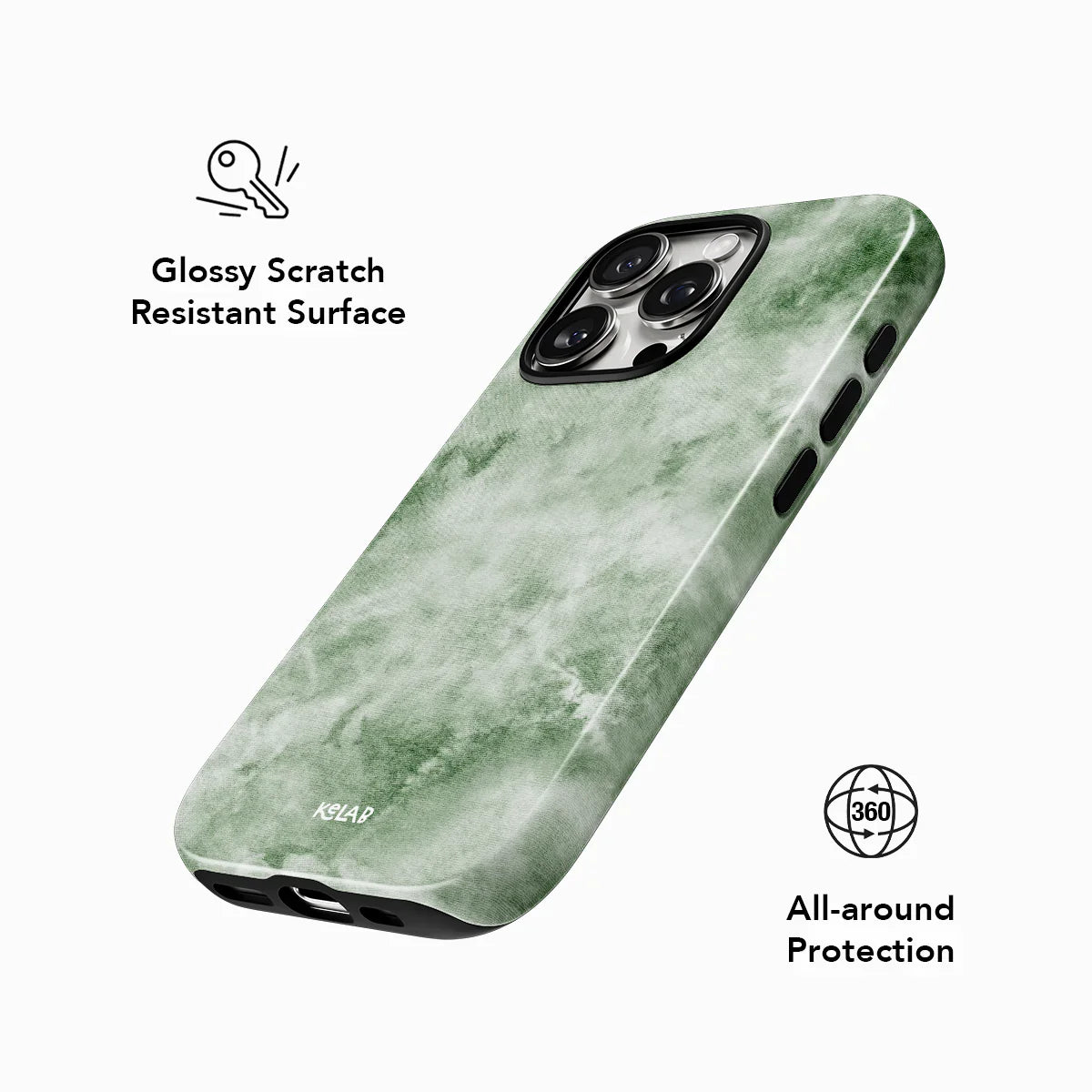 Green tie-dye patterned phone case with scratch resistance and protection features on a white background